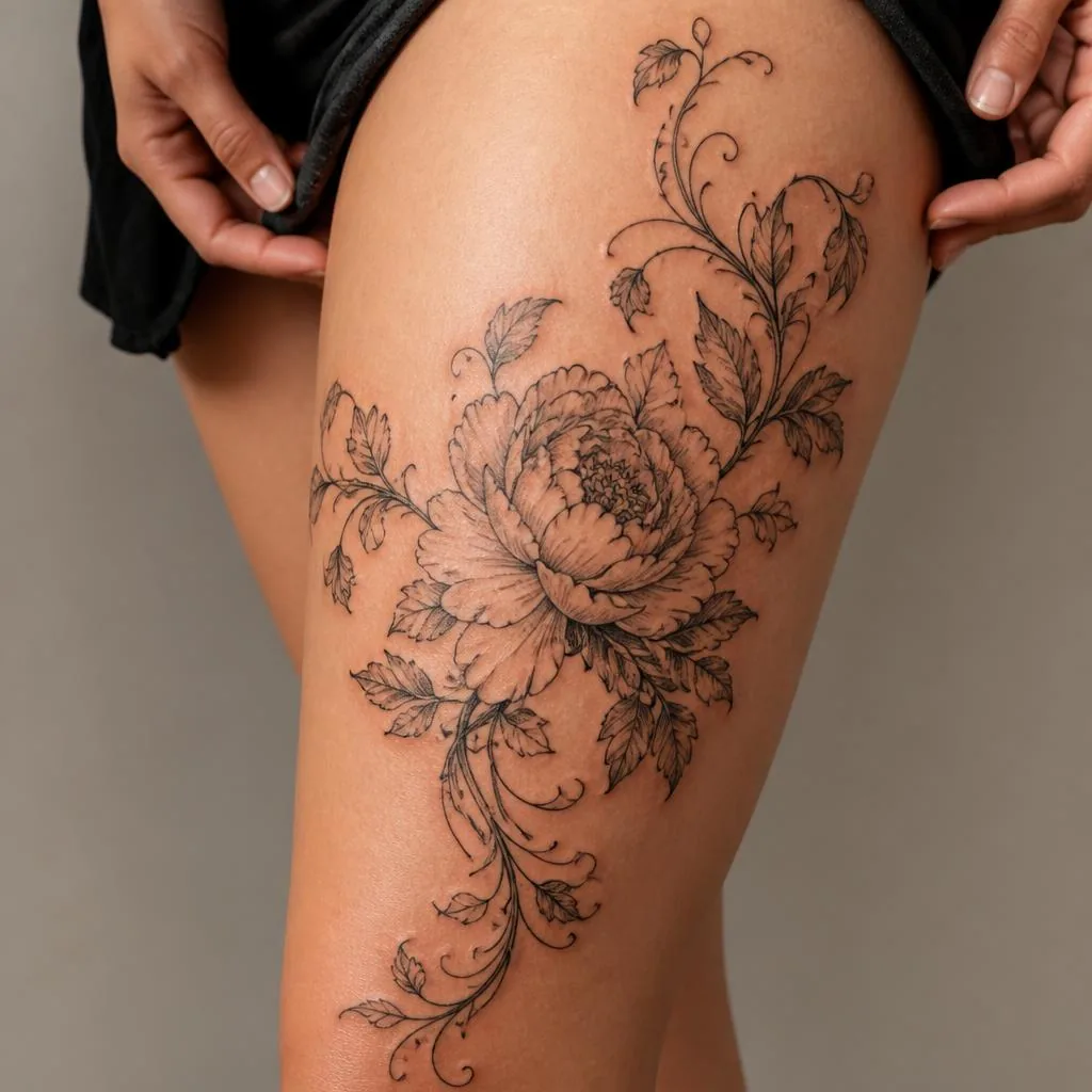 Thigh after peony cover-up tattoo