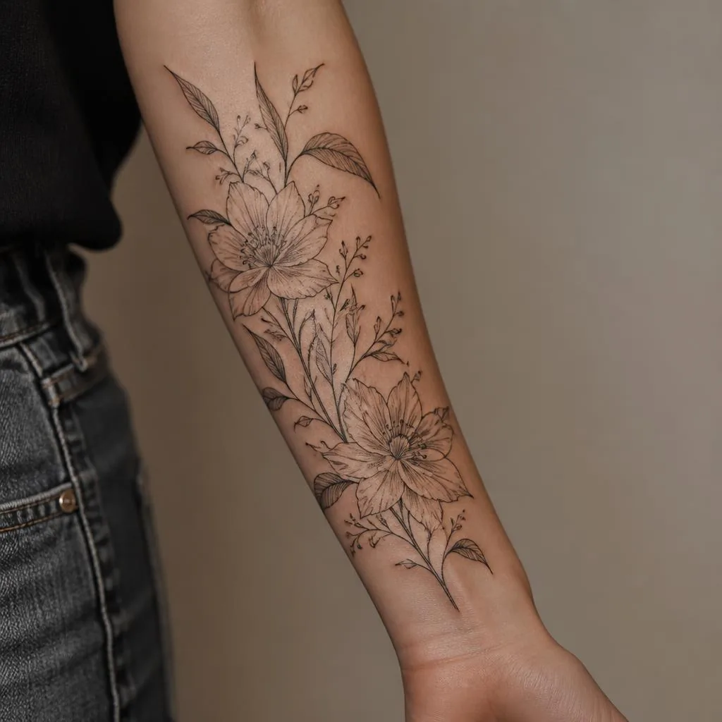 Forearm after botanical cover-up tattoo