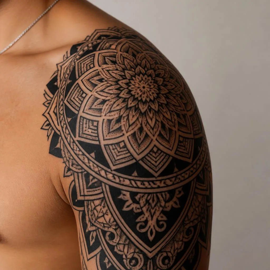 Shoulder after ornamental blackwork cover-up